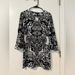 INC International Concepts Black and White Sheath Dress with 3/4 Bell Sleeves